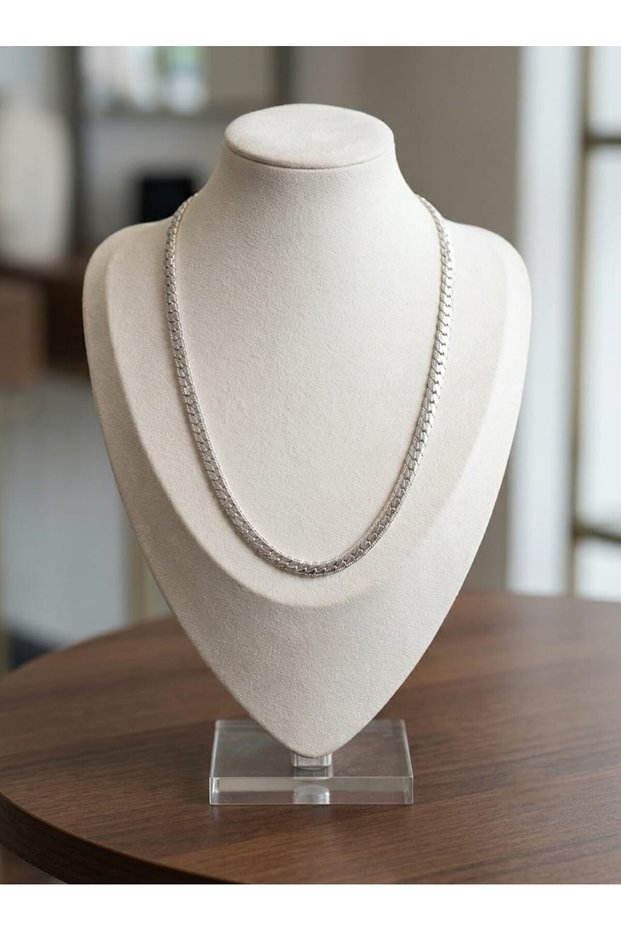 Ezme Model Serrated Detailed Chain 3-4mm Thick Silver Color Model Unisex (Women/Men) Steel Necklace/ 55cm