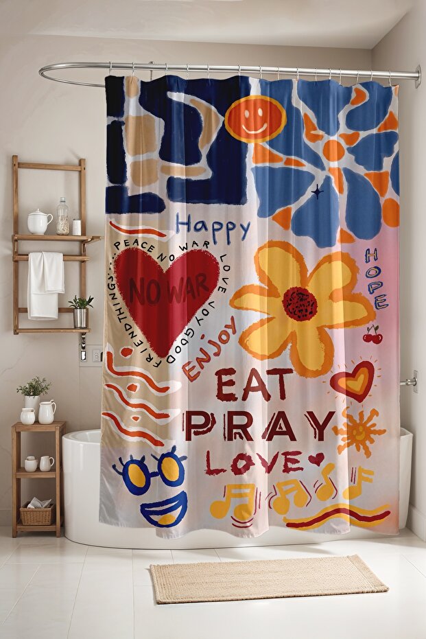 Smiling Face and Flower Pattern Shower Curtain, Bathtub Curtain 175X200Cm