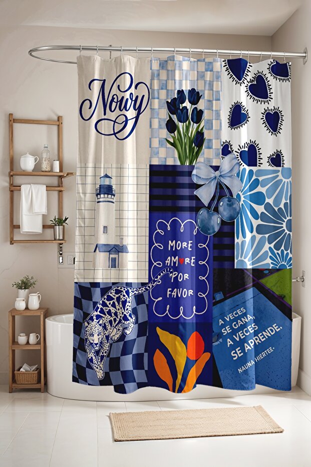 Navy Blue Icons Patterned Shower Curtain, Bathtub Curtain 175X200Cm