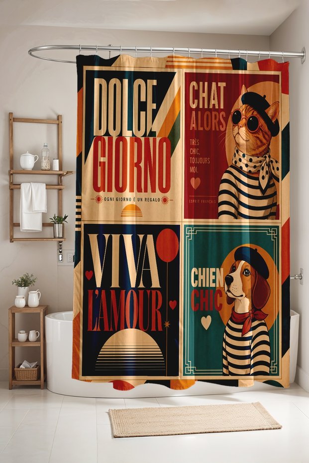 Dolce Giorno Cat and Dog Patterned Shower Curtain, Bathtub Curtain 175X200Cm