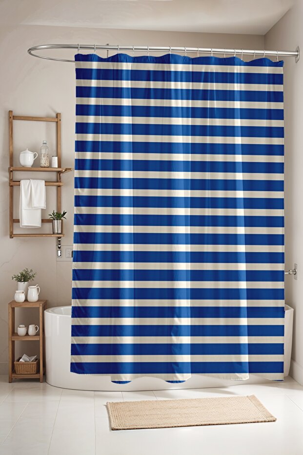 Flat Horizontal Navy Blue Lines Patterned Shower Curtain, Bathtub Curtain 175X200Cm