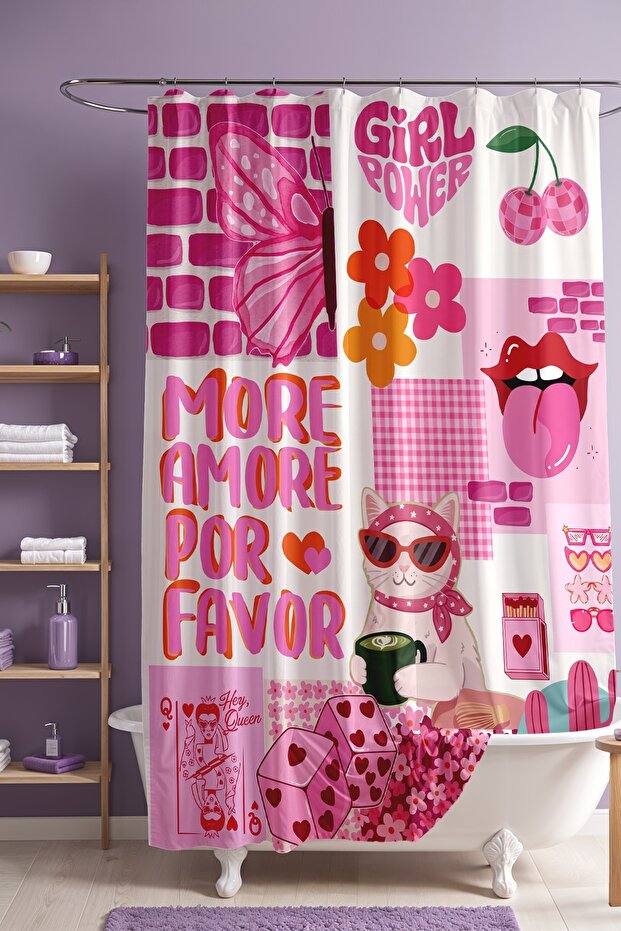 Cat, More Amore Por Favor Patterned Shower Curtain, Bathtub Curtain 175X200Cm