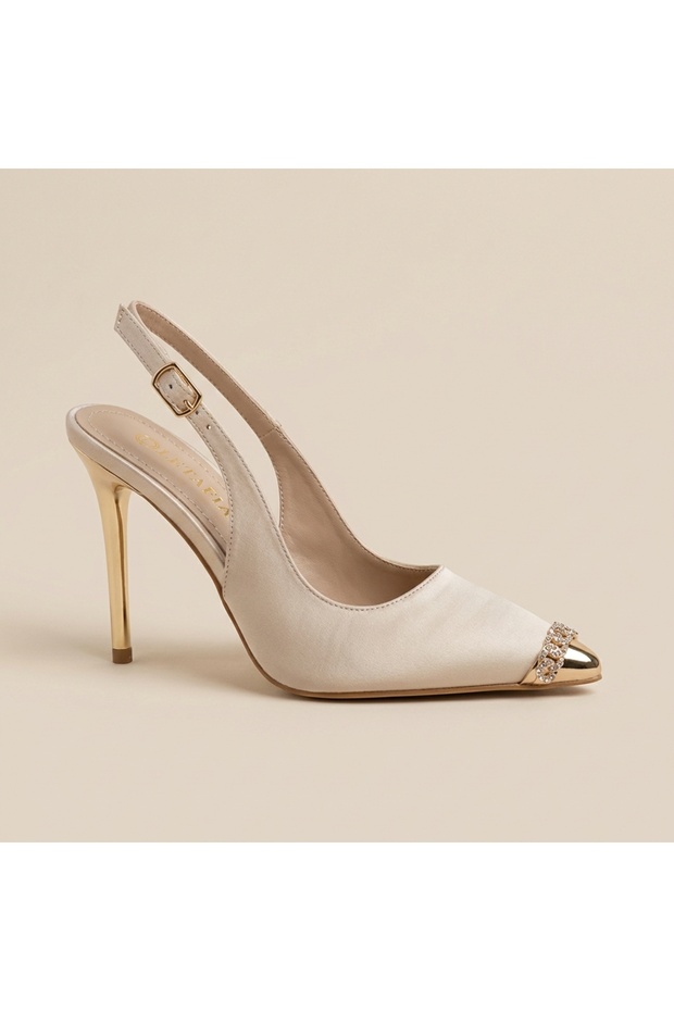 Anabel Satin Gold Heel and Accessory Detailed Shoes