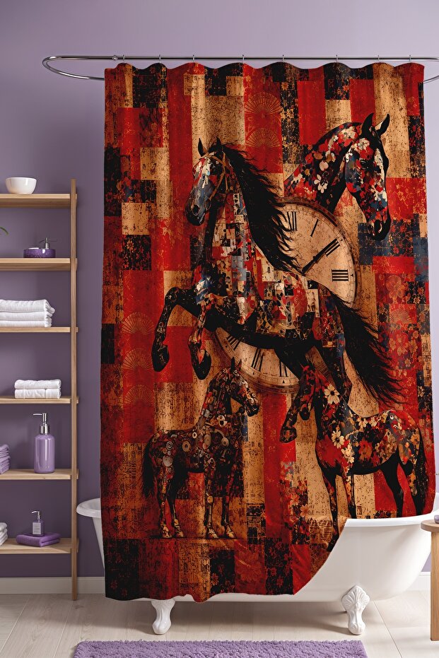 Flower Spotted Noble Horses Patterned Shower Curtain, Bathtub Curtain 175X200Cm