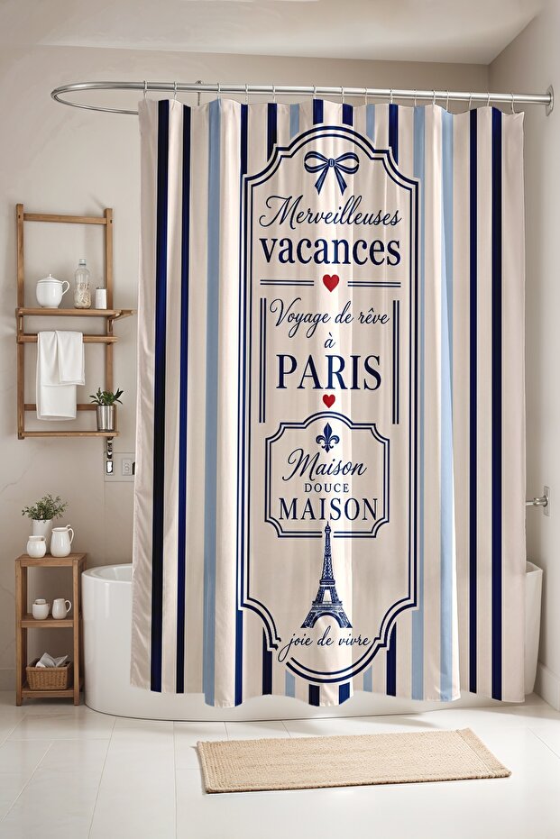 Paris Themed Patterned Shower Curtain, Bathtub Curtain 175X200Cm