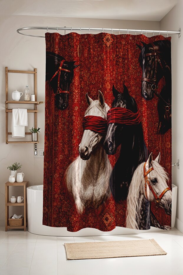 Blindfolded Horses Patterned Shower Curtain, Bathtub Curtain 175X200Cm