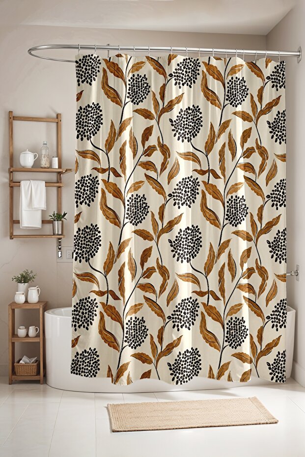 Brown Branches and Flowers Patterned Shower Curtain, Bathtub Curtain 175X200Cm