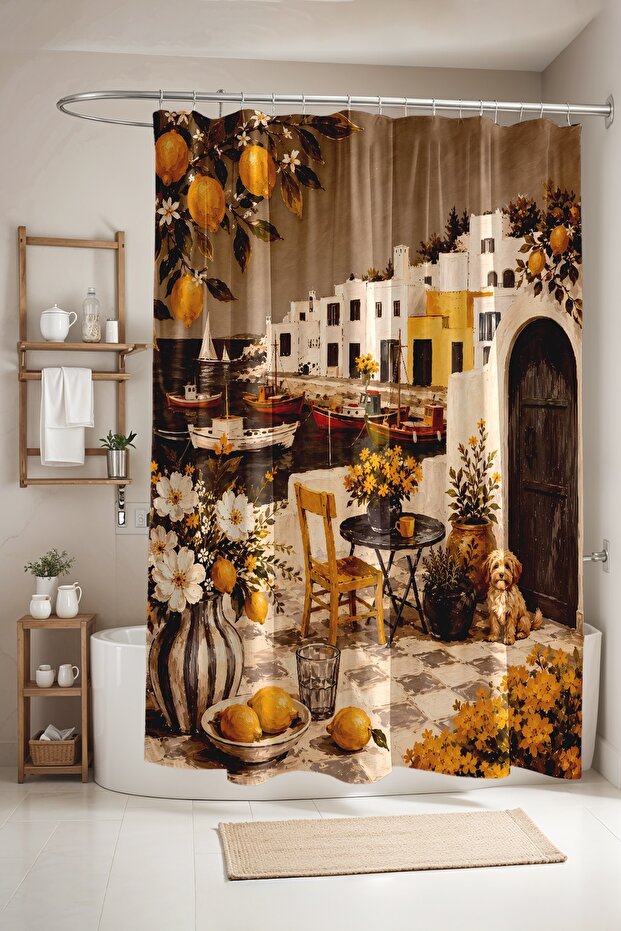 Coastal Town in Coffee Tones Patterned Shower Curtain, Bathtub Curtain 175X200Cm