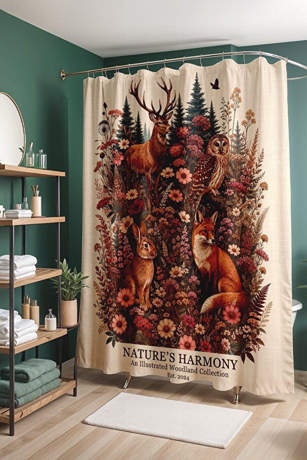 Natural Forest Themed Patterned Shower Curtain, Bathtub Curtain 175X200Cm