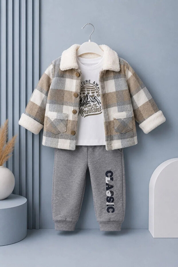 Plaid Plush Collared Jacket and Mountain Print Boys' 3-Piece Set