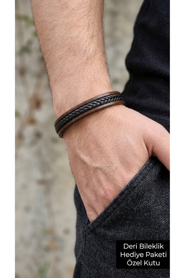 Jorvain Carbon Brown Leather Men's Bracelet - Black Braided Stripe Detail
