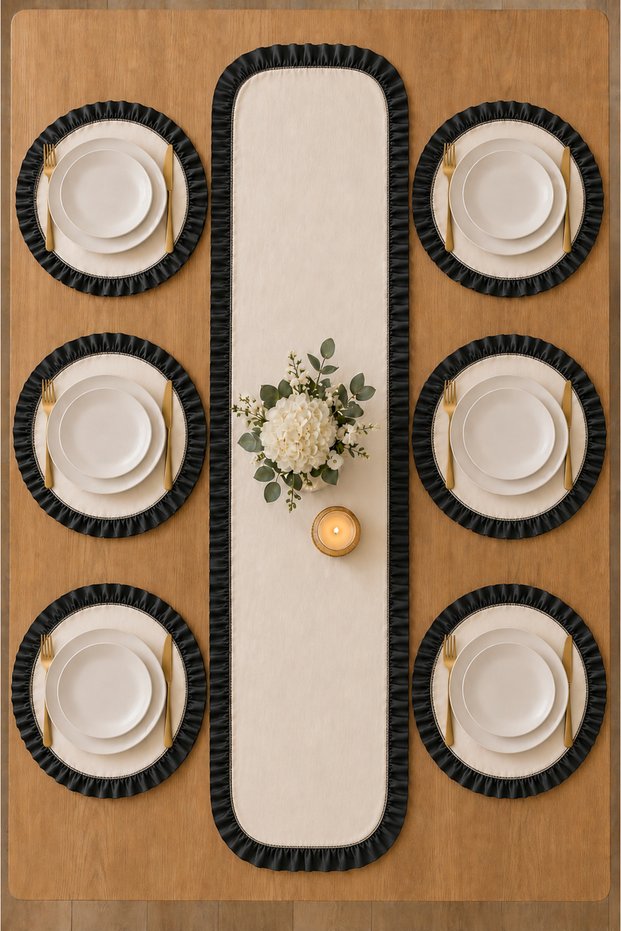 7 Piece Black Ruffled Cream Table Set for 6 People – Runner + 6 American Service Plates