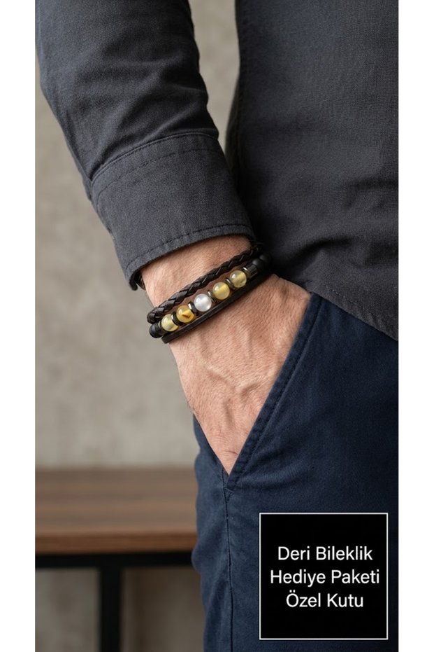 Edrien Ivoryline Black Leather Open Stone Beaded Multi-Layered Men's Bracelet