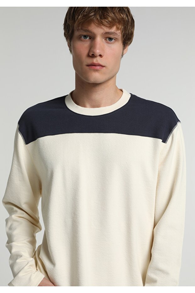 Relaxed Fit Round Neck Jacquard Men's Ecru Long Sleeve T-Shirt