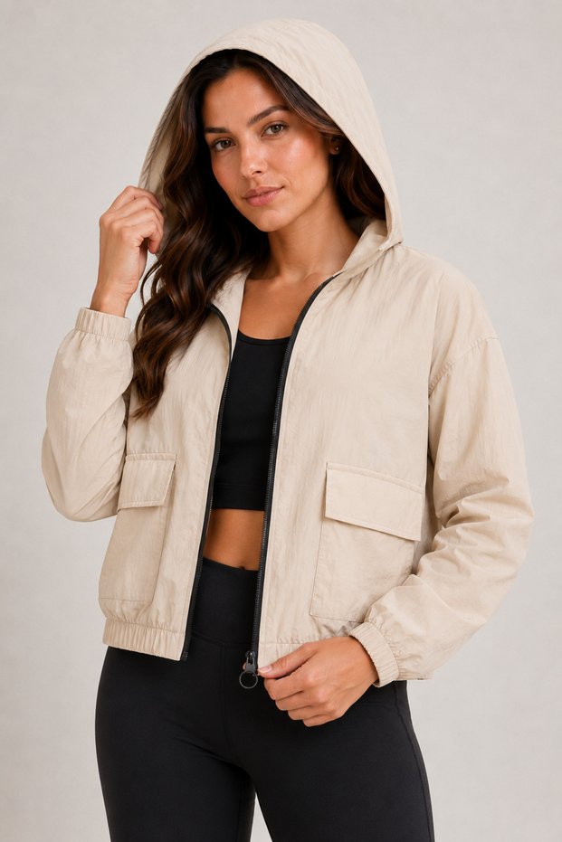 Women's Stone-Colored, Crinkle Fabric, Hooded, Zippered, Water and Wind Resistant Crop Raincoat