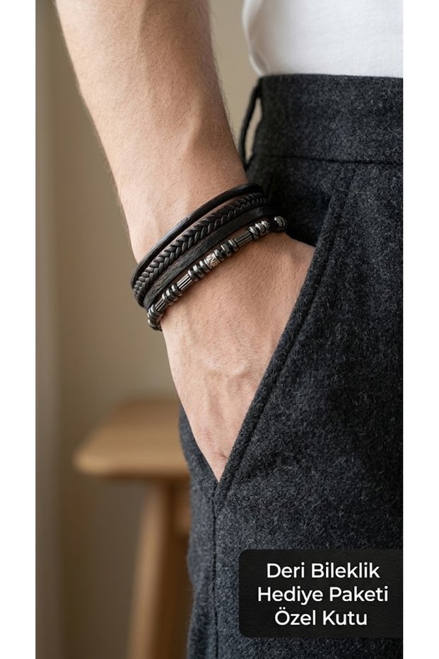 Delvico Charcoal Brown Leather Men's Bracelet - Multi-Row with Metal Rings