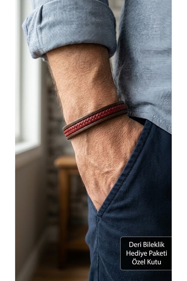 Renovico Scarlet Brown Leather Men's Bracelet - Red Black Braided Strip