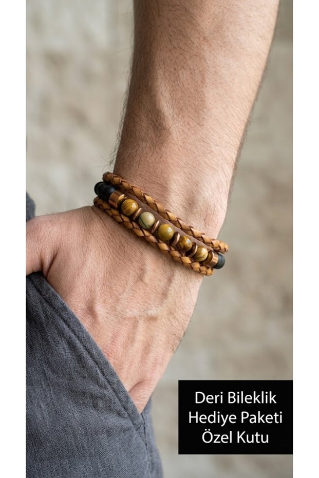Tervan Sienna Light Brown Leather Men's Bracelet - Beaded Multi-Layered Weave