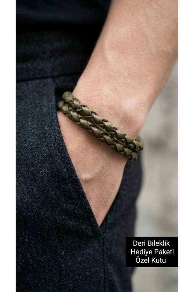 Elvardo Moss Khaki Brown Leather Men's Bracelet - Double Row Braided Design