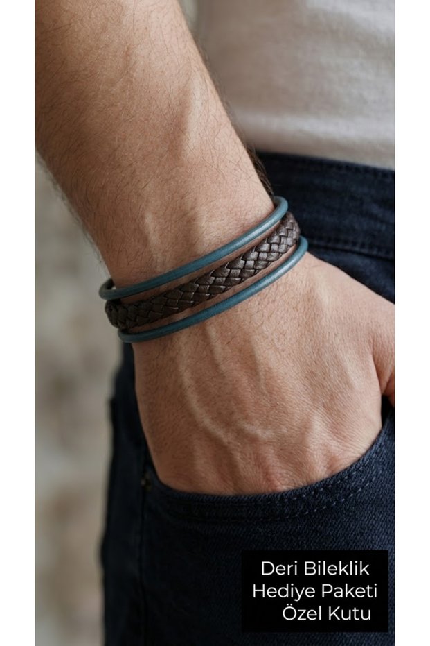 Brevanti Glacier Gray Blue Black Leather Men's Bracelet - Braided Stripe Design