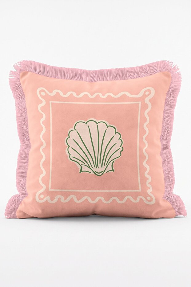 Pastel Pink Oyster Shell Patterned Framed Fringed Throw Pillow Cover