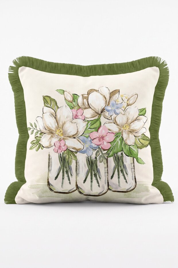 Flower Bouquet in Glass Jar Patterned Magnolia Themed Fringed Throw Pillow Cover