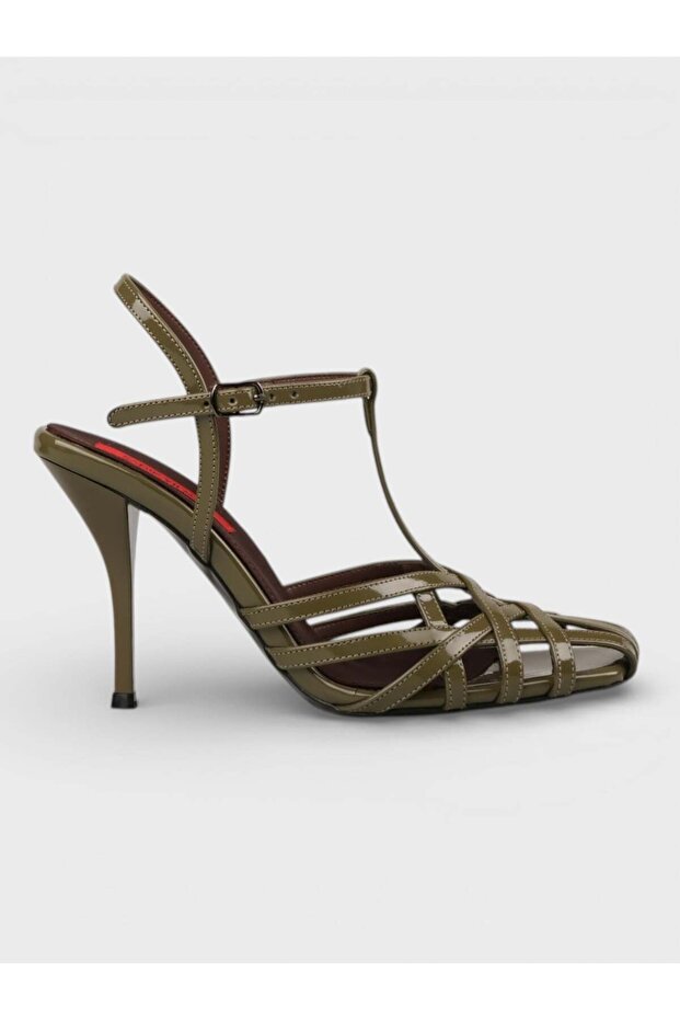 Women's summer 11cm thin open heel shoes - 574 0705 - khaki patent leather