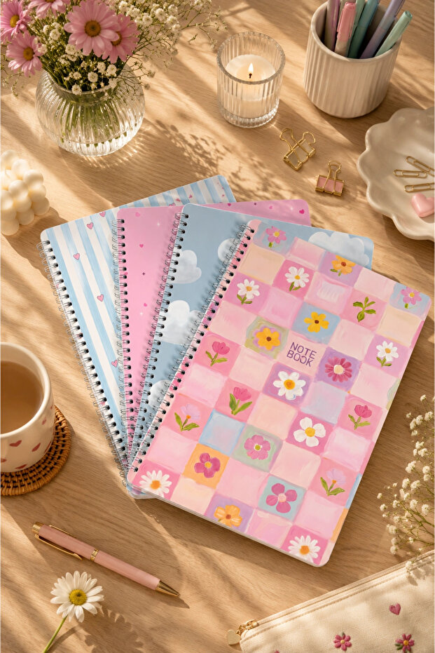 A4 Spiral Cardboard Cover Set of 4 Checkered Lesson Plan Note School Notebook - Blue Pink