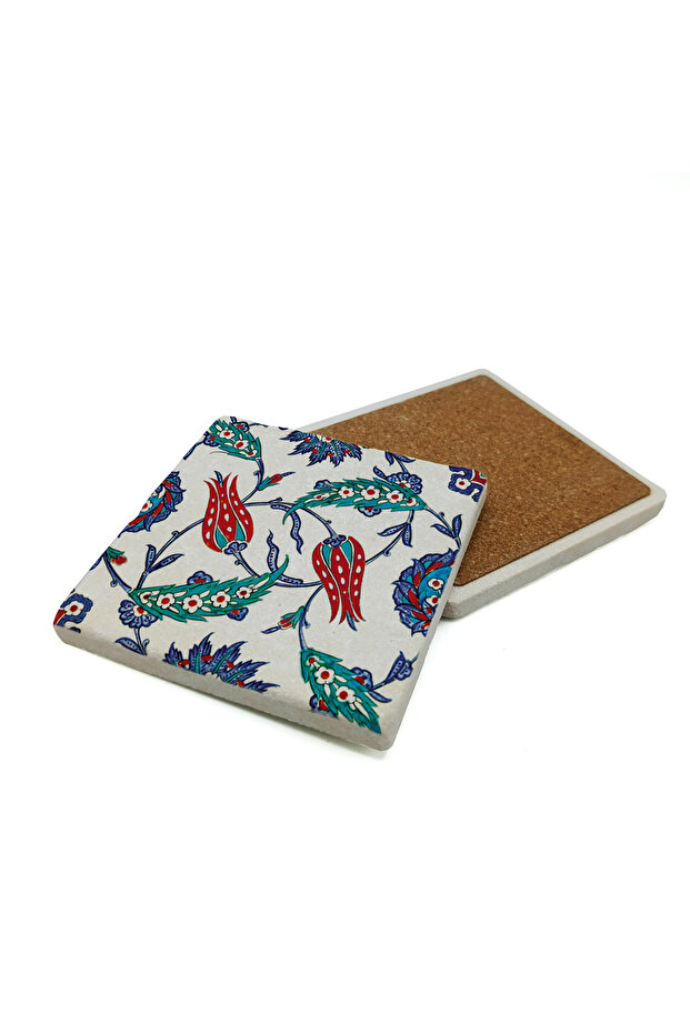 Iznik Tile Pattern Printed Natural Stone Coaster 10X10 1G-Çinirpc16