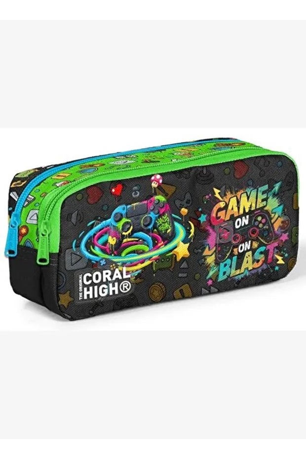 Kids Siyah Game Patterned Two-Compartment Pen Case Bag I 31058