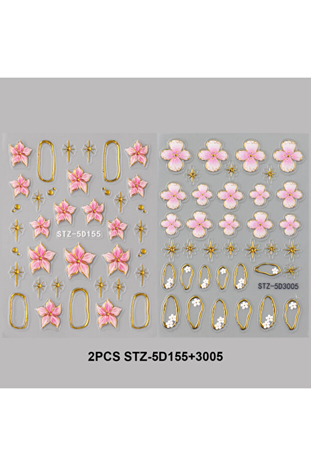 2pcs STZ-5D155-3005 5D Floral Embossed Nail Stickers Bronzing Hibiscus Flower Petals Star Frame Eleg