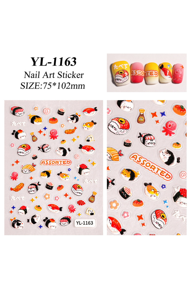 YL-1163 1 Set 5D Embossed Sushi Cat Nail Stickers Japanese Food Waterproof Self Adhesive Manicure De