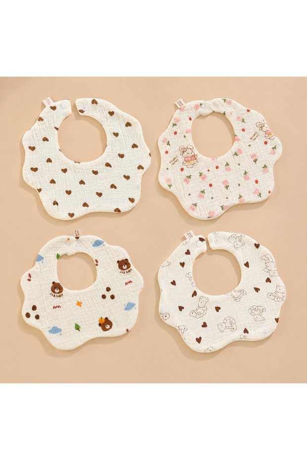 Flower Rabbit Combo 4Pcs Ultra-Soft Waterproof Gauze baby Drool Bibs for 0-3 Years. Snap Button Desi