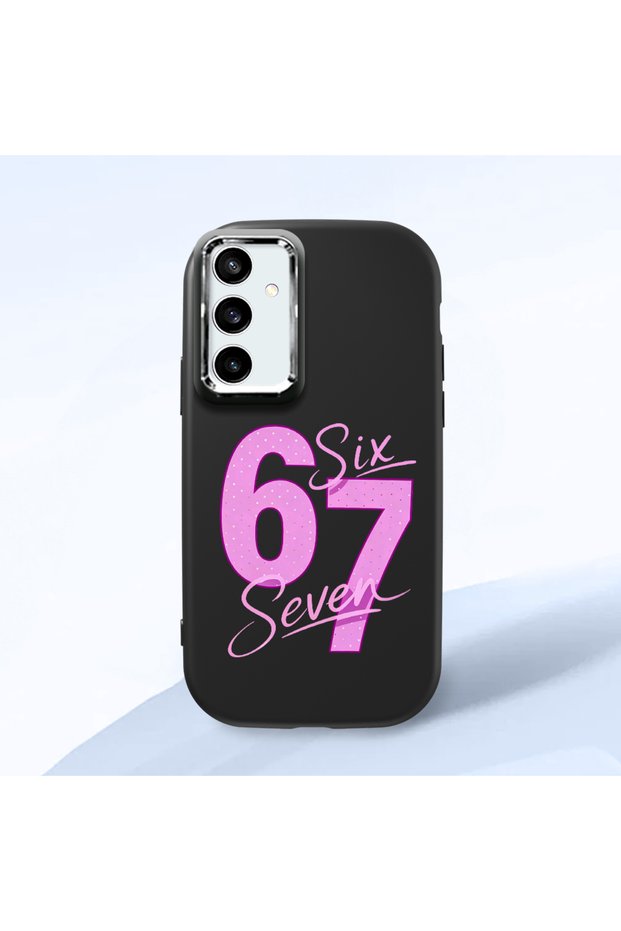Samsung Galaxy S23 Fe Compatible Black Silicone Case with Number Six Seven Written Pattern and Shock Absorbing Camera Protection