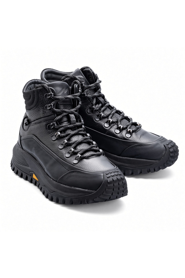 -Men's Genuine Leather Outdoor Boots Black Trekking Non-Slip Sole Lace-Up
