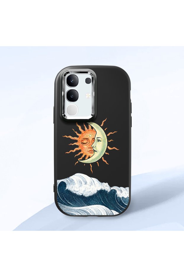 Vivo Y29 4g Compatible Retro Style Sun Moon Sea Wave Pattern Shock Absorbing Black Silicone Case with Camera Protection