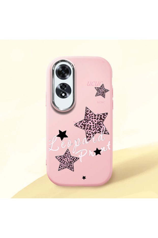 Oppo A60 Compatible Leopard Pattern Stars Pattern Shock Absorbing Camera Protected Pink Silicone Case