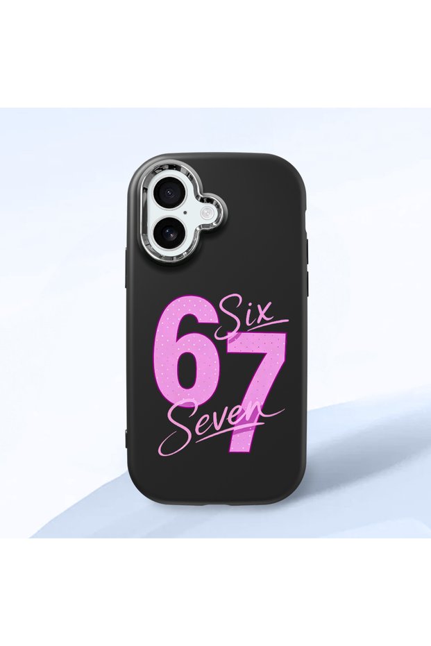 iPhone 16 Compatible Black Silicone Case with the Number Six Seven Written Pattern and Shock Absorbing Camera Protection
