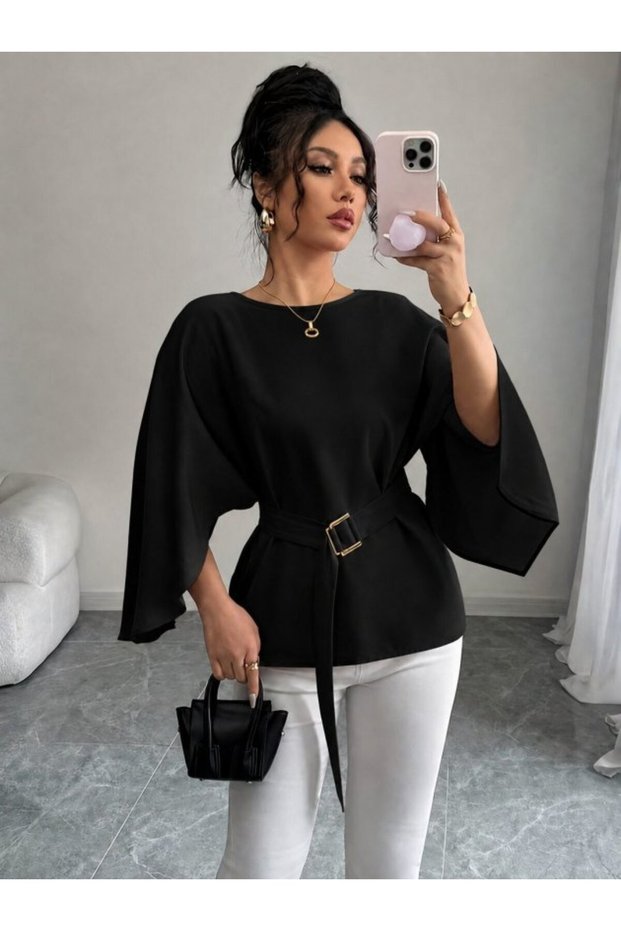 New Season Women's Long Sleeve Round Neck Bat Sleeve Belted Atlas Blouse