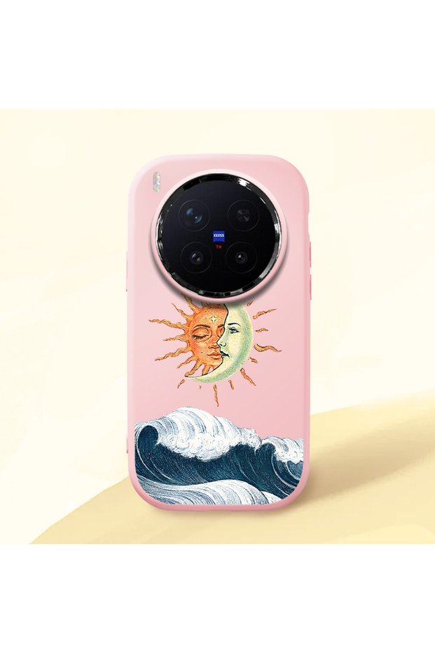 Vivo X300 Pro Compatible Retro Style Sun Moon Sea Wave Pattern Shock Absorbing Camera Protected Pink Silicone Case