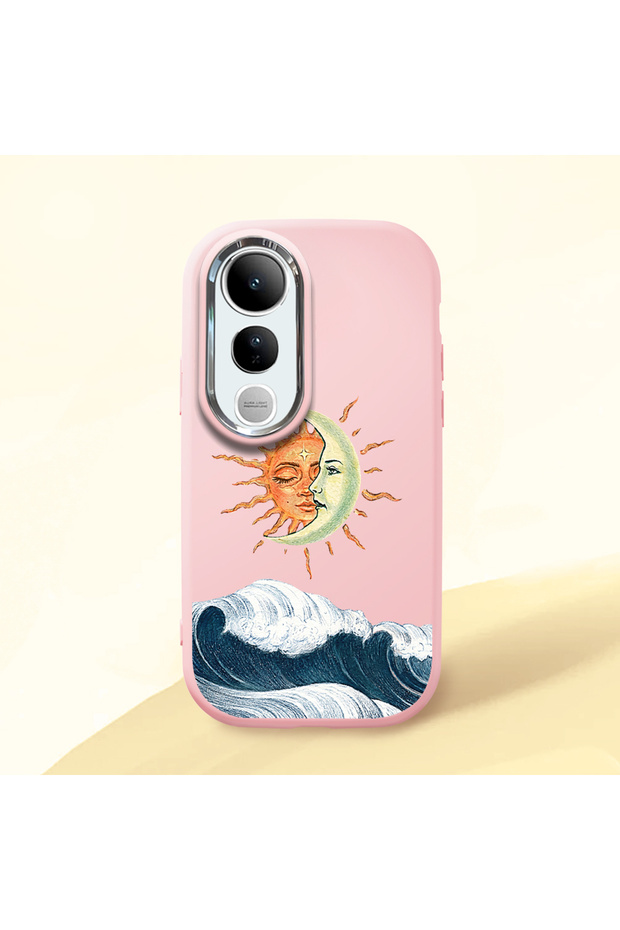 Pink Silicone Case for Vivo V50 Lite 4G/5G Compatible Retro Style Sun Moon Sea Wave Pattern Shock Absorbing Camera Protected