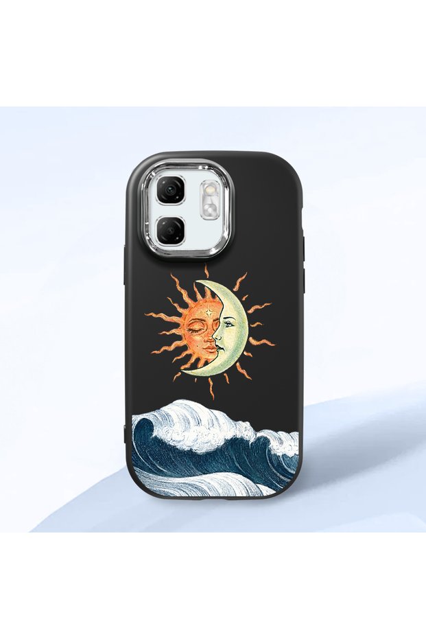 Infinix Smart 9 Compatible Retro Style Sun Moon Sea Wave Pattern Shock-Absorbing Black Silicone Case with Camera Protection