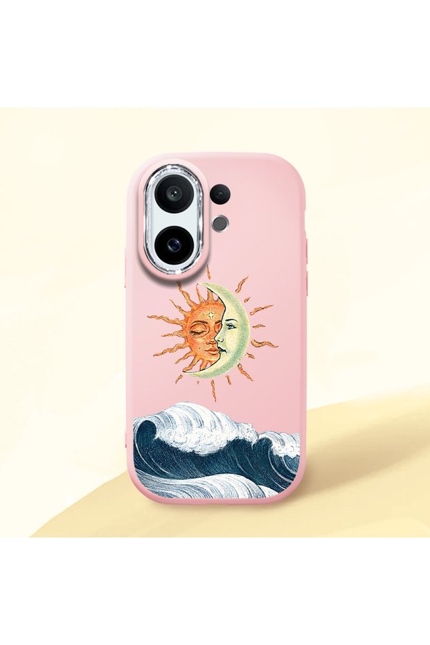 Vivo X200 Fe Compatible Retro Style Sun Moon Sea Wave Pattern Shock Absorbing Camera Protected Pink Silicone Case