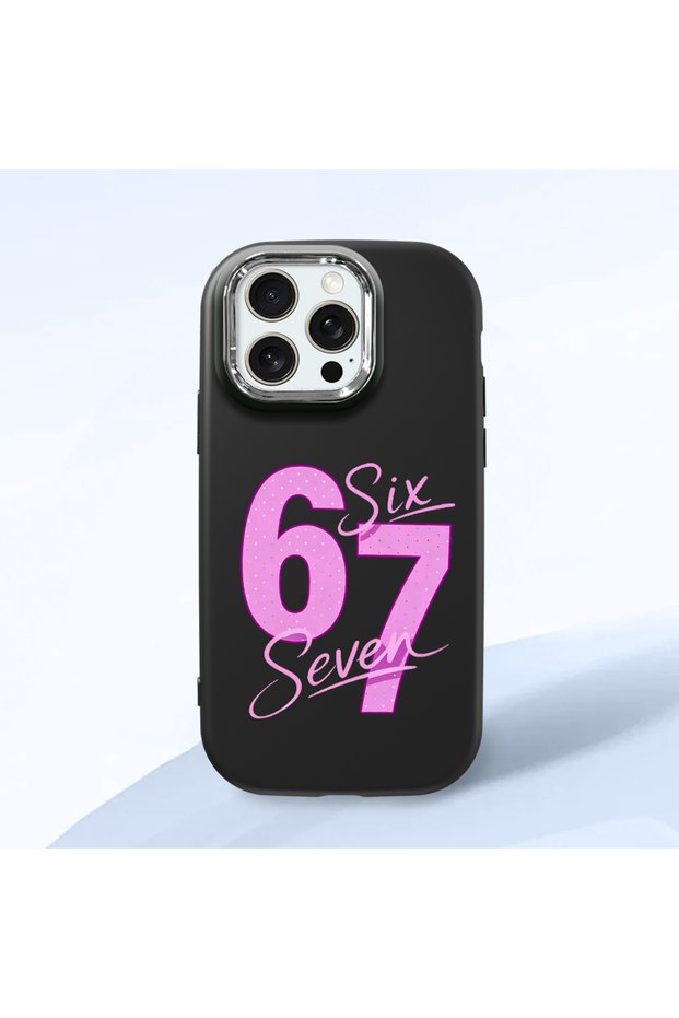 iPhone 15 Pro Max Compatible Black Silicone Case with Number Six Seven Written Pattern, Shock Absorbing Camera Protection