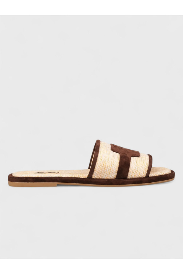 Women's Summer Flat Slippers - 612 501 - Beige Linen-Brown Suede