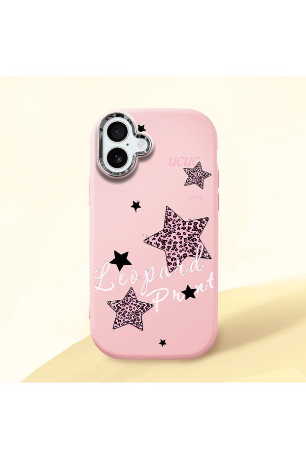 iPhone 16 Plus Compatible Leopard Pattern Stars Pattern Shock Absorbing Pink Silicone Case with Camera Protection