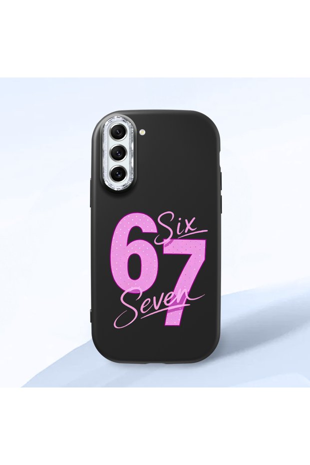 Samsung Galaxy S21 Fe Compatible Black Silicone Case with Number Six Seven Written Pattern and Shock Absorbing Camera Protection