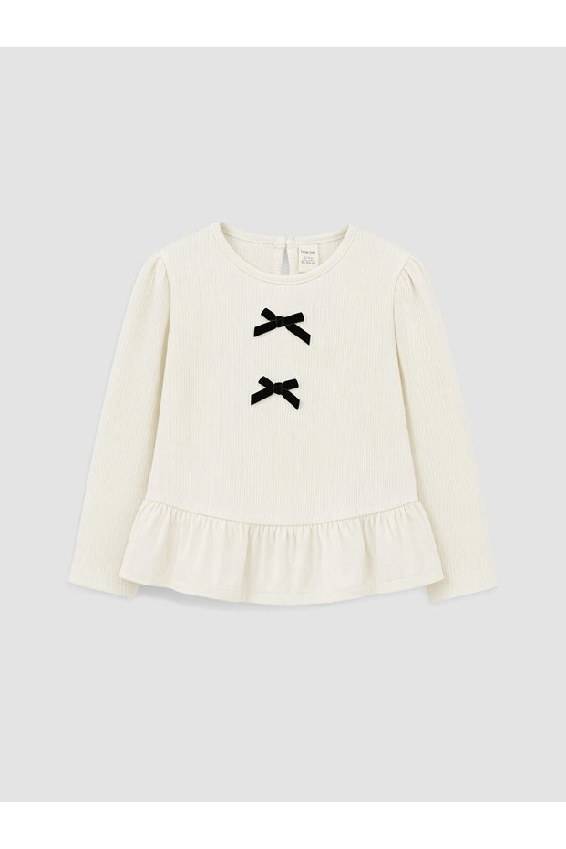 Lcw Kids Ecru Crew Neck Bow Detailed Girls T-Shirt