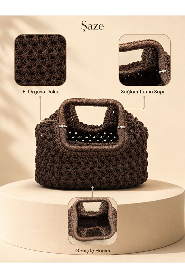 Şaze Women's Brown Hand Knitted Handbag Short Handle Daily Knitted Bag