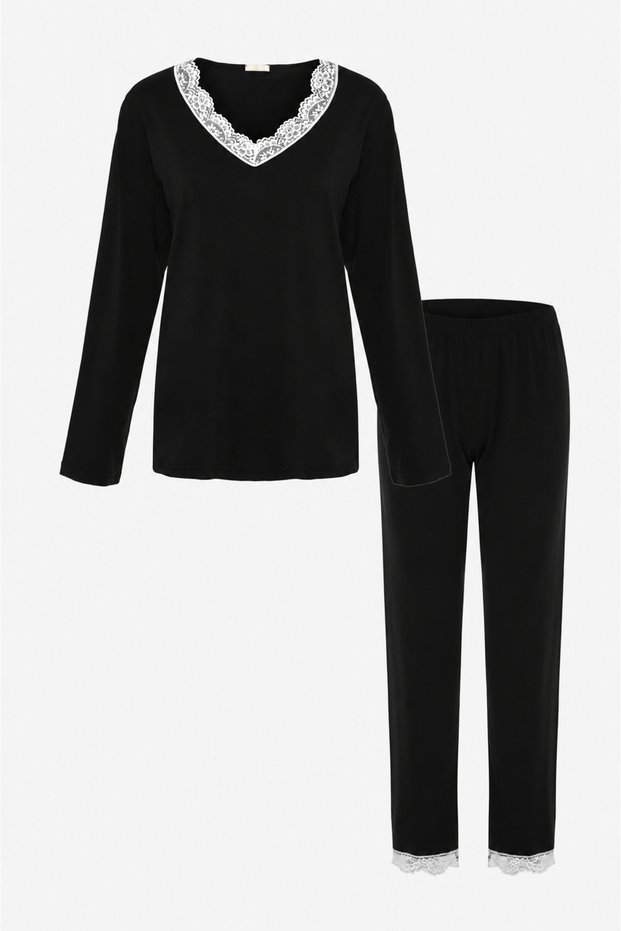 Women's V-Neck and Leg Lace Detailed Long Sleeve Pajama Set